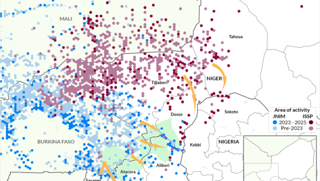 Map - JNIM and ISSP expansion in the Sahel and littoral borderlands January 2023 - February 2025